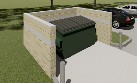 Concrete block screen around dumpsters to match building block
              